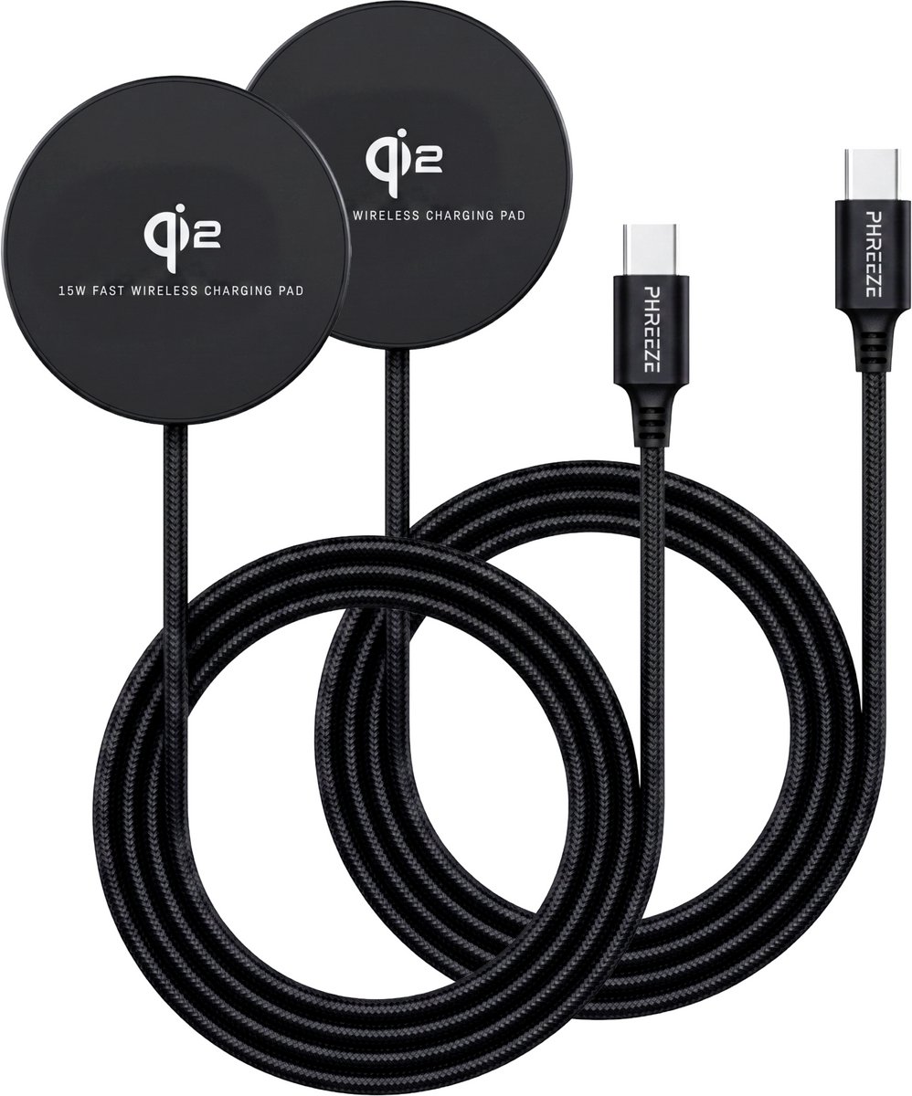 2x Draadloze Oplader 15W Qi2 Gecertificeerd Magnetisch Geschikt voor iPhone 17/16/15/14/13/12 Nylon Zwart - Draadloze Oplader - Wireless Charger - Qi2 Oplader