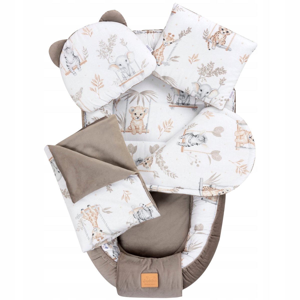 Jukki Comfort Velvet Babynestset 5-delig Happy Jungle Latte