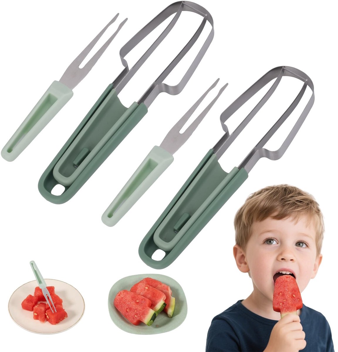 Dailygoods - 3-in-1 Watermeloen Vork Snijder - Roestvrijstalen Fruit Gadget voor Picknick en Keuken