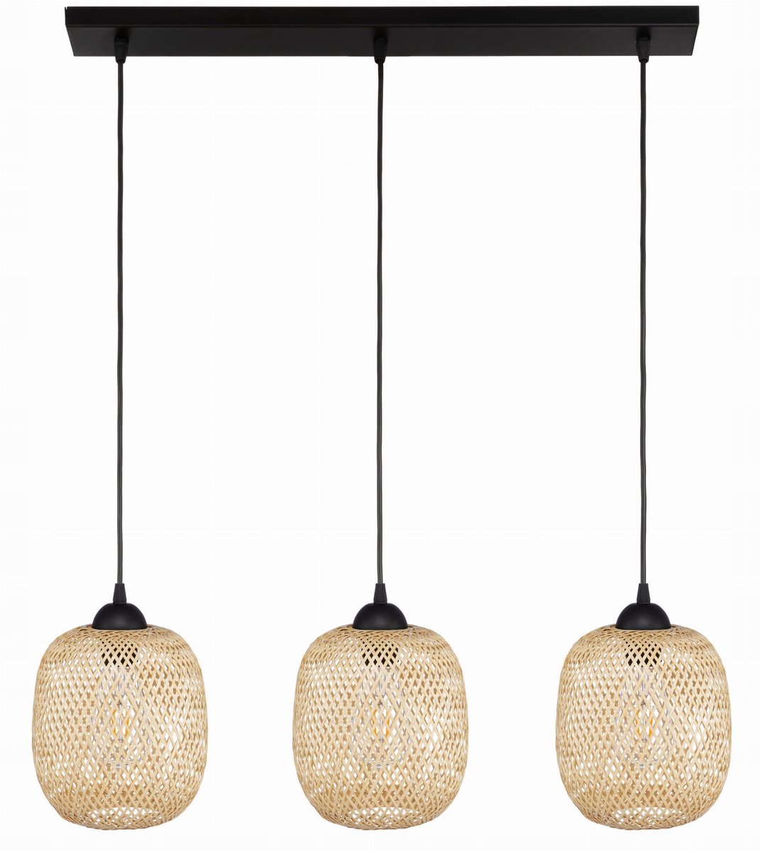 Zwarte hanglamp met 3 bamboe schedes, Boho stijl, verstelbaar