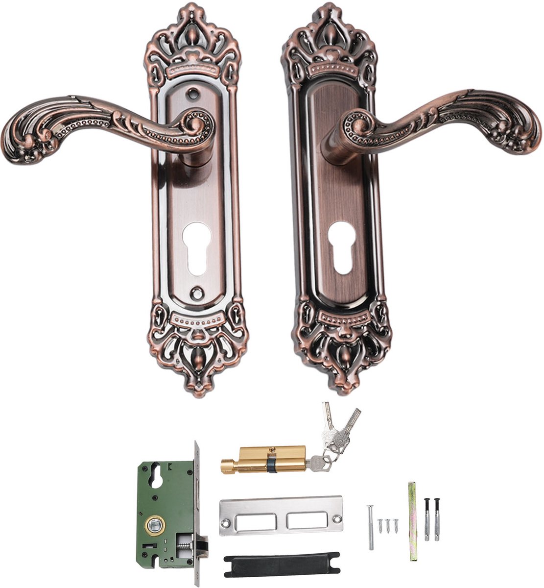 Deurslot set - Deurklink met slot voor binnendeur - Binnendeurklink - Europees deurslot - Deurslot met sleutel - Vintage aluminium deurslot - Poortslot - Steekmaat / centerafstand 90 mm - Complete set - Bronskleurig