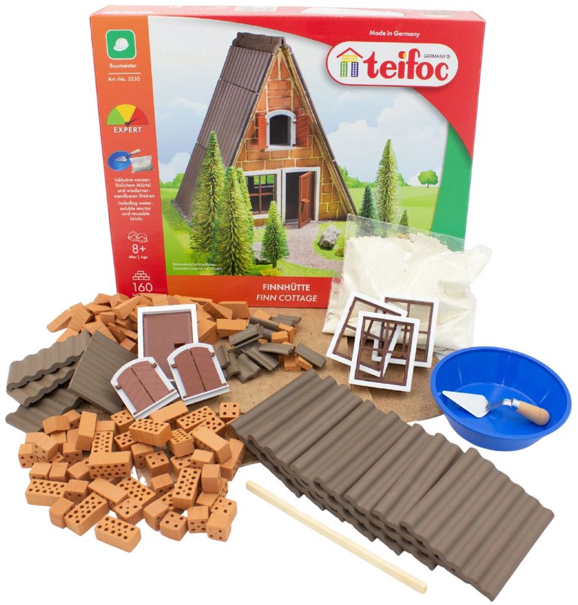 Teifoc® Bouwdoos – Finse Hut / Boshuis – 160 onderdelen – Echte mini Bakstenen met Cement, Kom en Troffel – Bouwpakket voor kinderen vanaf 6 jaar