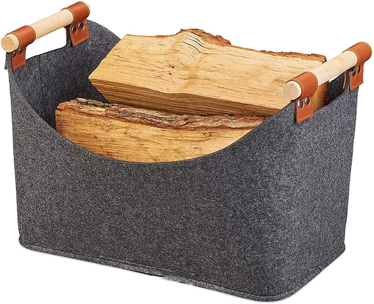 Houtmand Opvouwbaar - Opbergtas Vilt - Haardhout Opslag - Met Houten Handvatten - 27x40x22 cm - Grijs