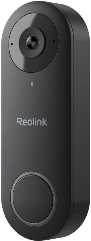 Zwarte Reolink deurbel met lens, microfoon en grote ronde knop.