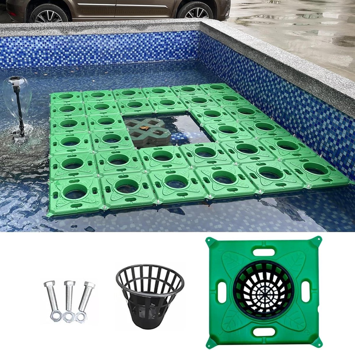Drijvende mand - Waterplanten bak - Vijver verfraaien - Flexibele lay-out - 33x33x6 cm - Groen