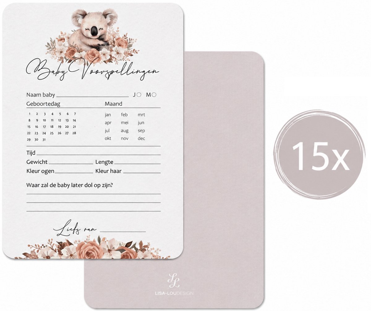Babyshower invulkaarten (15 stuks) | baby voorspellingen | luxe | gender reveal | koala beer | beige | unisex jongen meisje