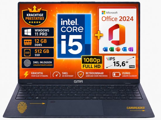 GMR Laptop 15.6 Inch Full HD IPS | Intel Core i5 | 12GB DDR5 RAM | 512GB SSD | Windows 11 Pro | Office 2024 | Studenten Laptop | Zakelijke Laptop | Thuiswerk Laptop - GMR - Hoofdafbeelding