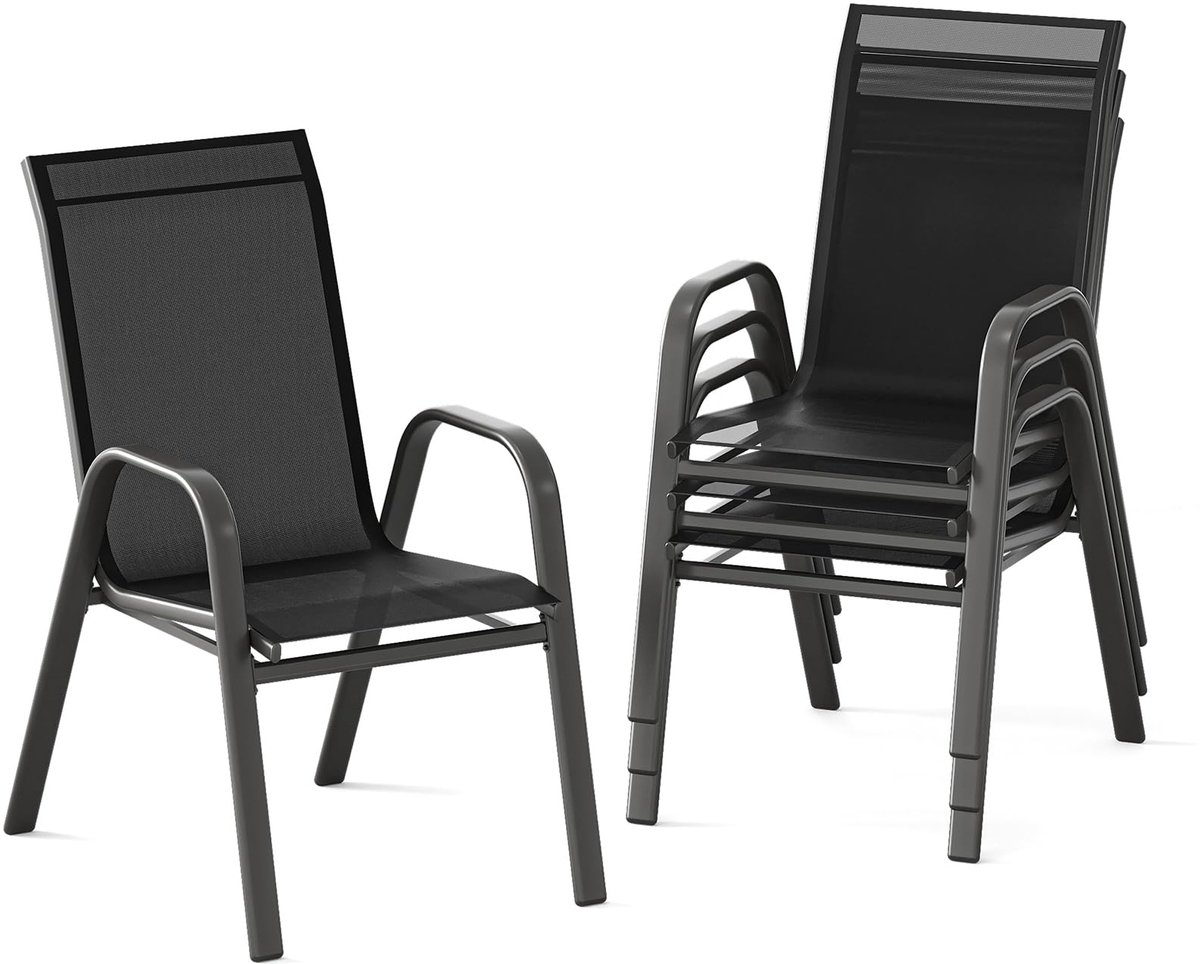 Tuinstoelen 4-delig Set, Stapelbaar, Textileen en Metaal, Weerbestendig & Roestbestendig, Buiten Stoelen voor Tuin, Balkon, Terras, Zwart