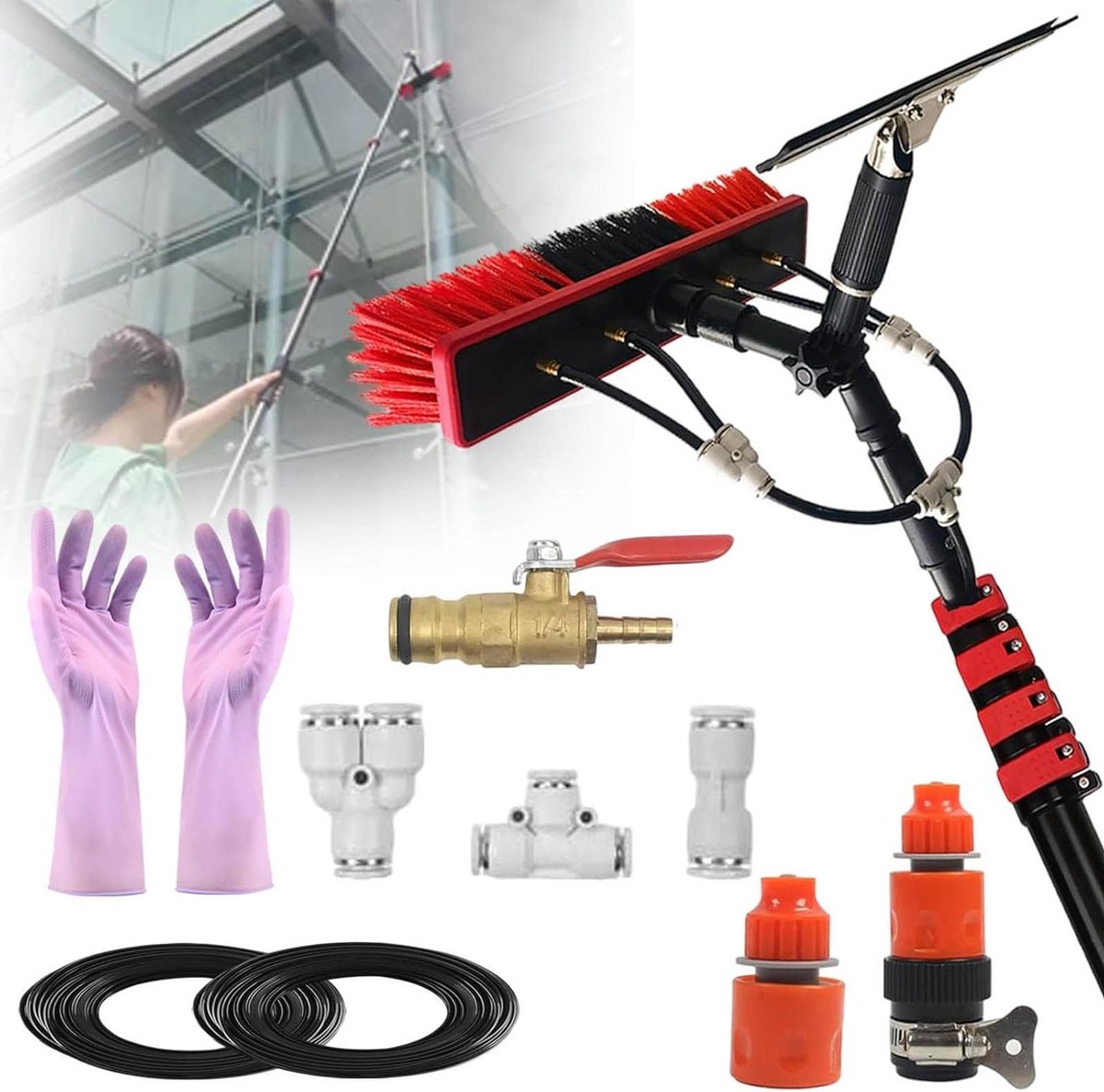 Raamwisser Set - Telescoopborstel - Hoge Ramen Wassen - Watergevoede Reiniging - Tot 6 Meter - Zilver