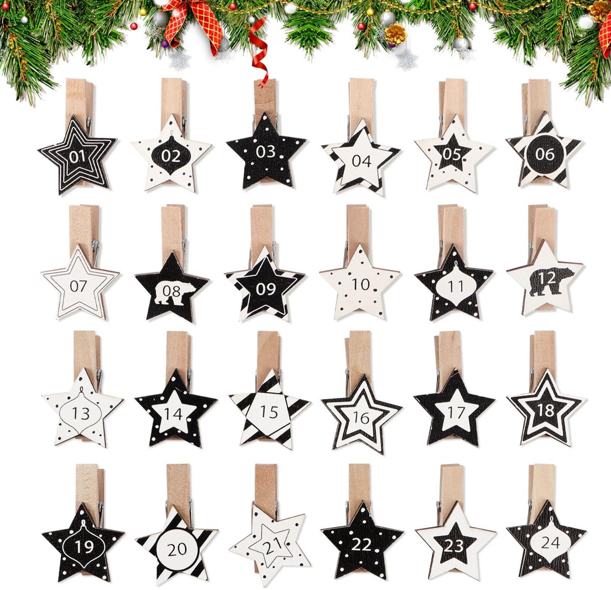 LIVIA HOME- Adventskalender Hout 24 Stuks - Sterren met Cijfers 1-24 - Decoratieve Mini-Kerstknijpers - Fotolijst Decoratie - Cadeau/Gastgeschenken - Kerstdecoratie
