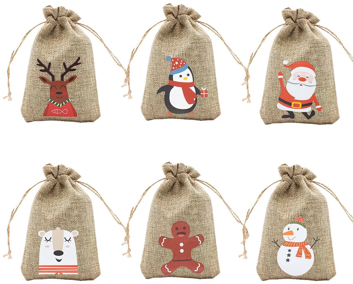 LIVIA HOME- Adventskalender 24 Stuks - Jute Zakjes - Doe-het-zelf - Kerstcadeauzakjes - Trekkoord - Kleurrijke Ontwerpen - Cadeauzakjes