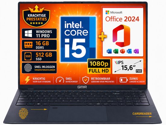 GMR Laptop 15.6 Inch Full HD IPS | Intel Core i5 | 16GB DDR5 RAM | 512GB SSD | Windows 11 Pro | Office 2024 | Zakelijke Laptop | Werk Laptop | Studenten Laptop - GMR - Hoofdafbeelding