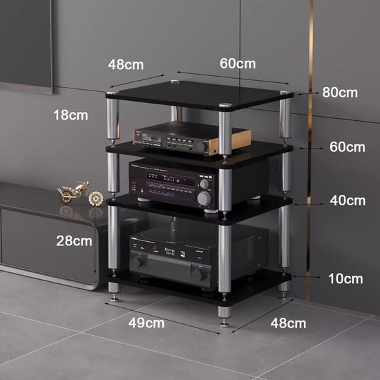 HiFi rek - AV meubel - Audio-opslag - Schokabsorberende voeten - 60x48x40cm - Zwart — afbeelding 2