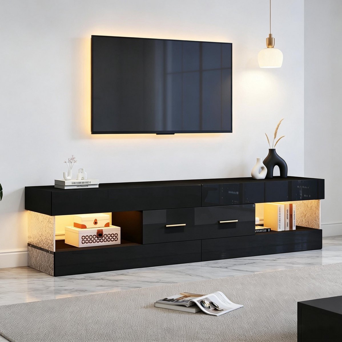 FloraGrace Tv Meubel - Met Led Verlichting En Laden - Voor Woonkamer En Entertainmenthoek - Spaanplaat En Acryl - 152x35x40 Cm - Zwart