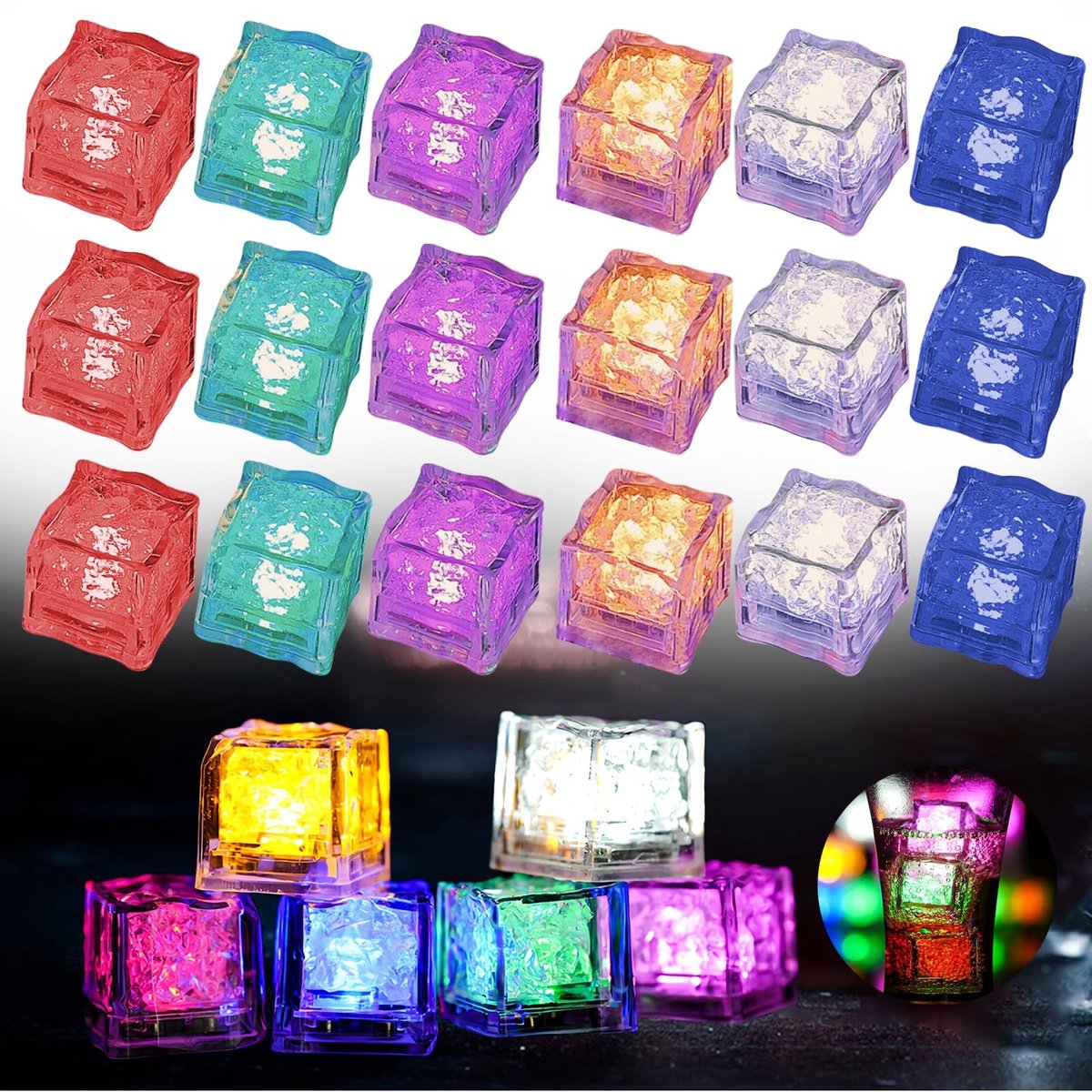 Dailygoods- Led-ijsblokjes 24 stuks - Lichtgevende IJsblokjes - Veelkleurige Decoratieve Verlichting - Bruiloft/Feest - Knipperend - Veilig voor Dranken