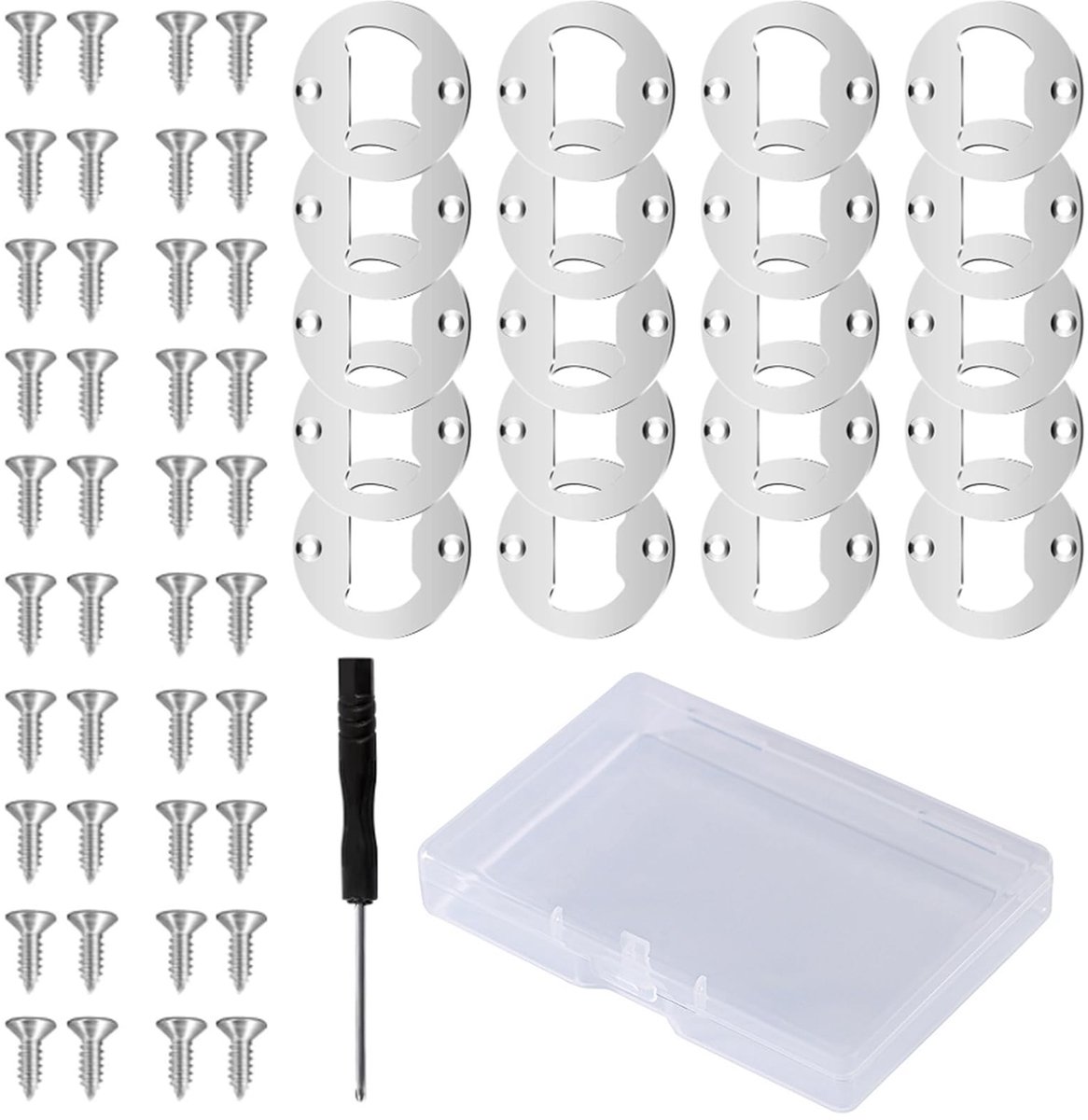Dailygoods- Flesopener Inzetstukken 62 Stuks - Roestvrij Staal - Bierflesopener - Ronde Ontwerp - Opbergkistje - Inclusief Schroeven en Schroevendraaier