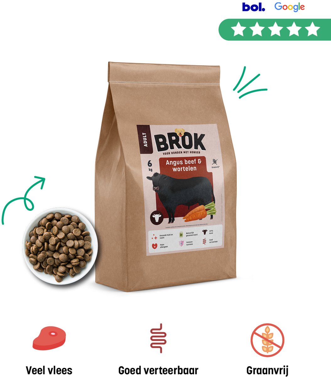 BROK Hondenvoeding - Black Angus & Wortelen - 6 KG Graanvrij Hondenvoer - BROK Voor Volwassen Honden - Gezonde Hondenvoeding - Licht Verteerbaar Hondenvoer - Hondenbrokken Met Veel Vlees - Premium Hondenvoer