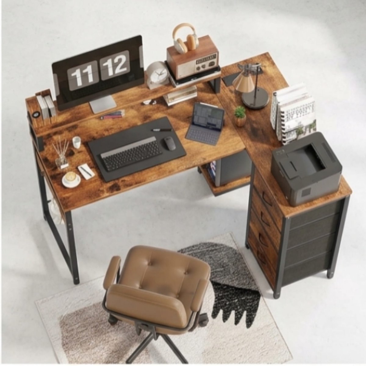 Hoekbureau L-vorm 130x100x75 cm Vintage Bruin met 4 Laden – Bureau met USB, Stopcontacten, LED & Opbergrek, Modern Computerbureau voor Thuiswerkplek – Urbanhome