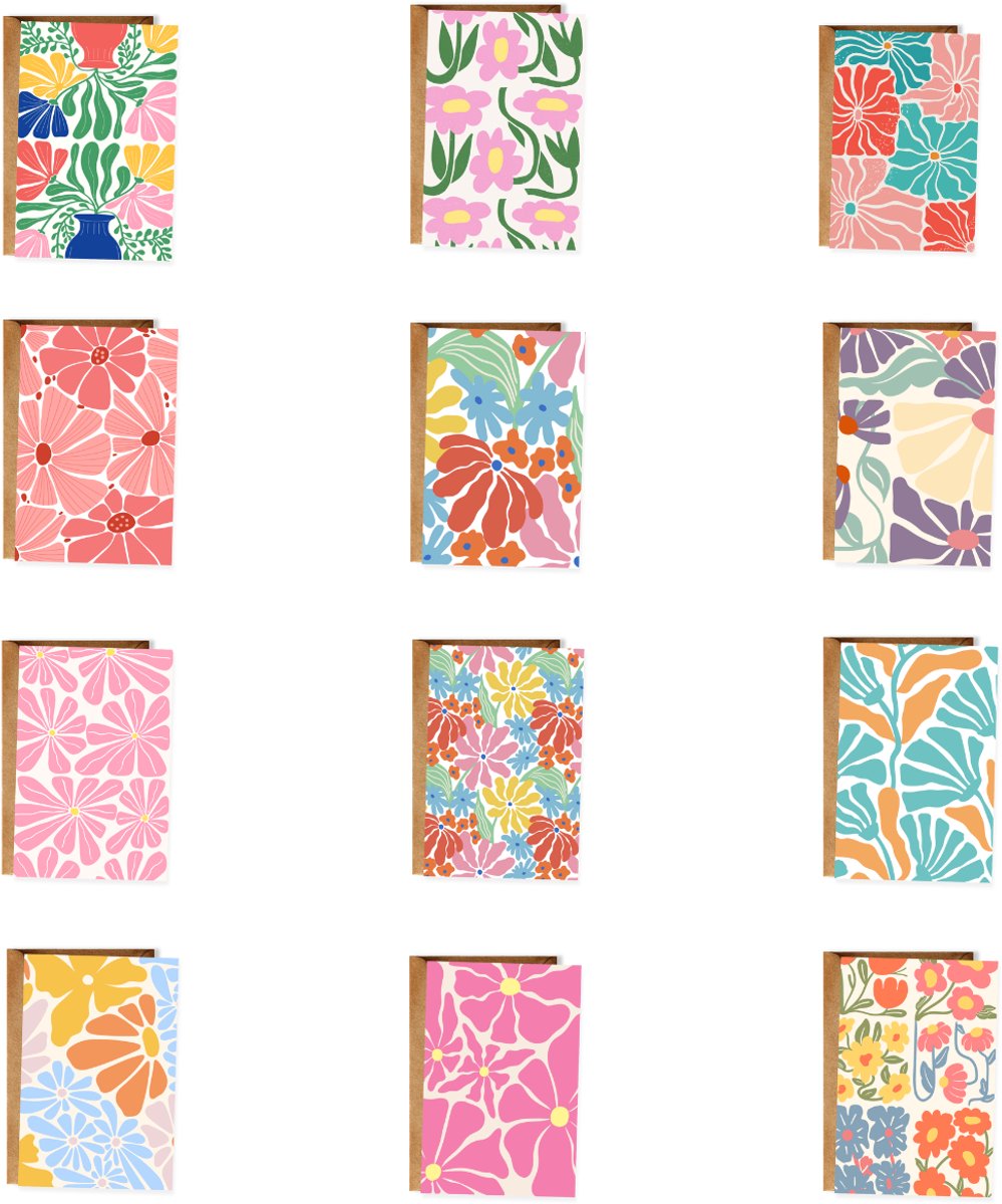 Set van 12 Retro Bloemen Wenskaarten – Kleurrijk Floral Design – Blanco Kaarten Zonder Tekst – Ansichtkaarten - Incl. Enveloppen – 10x15 cm – Voor Alle Gelegenheden