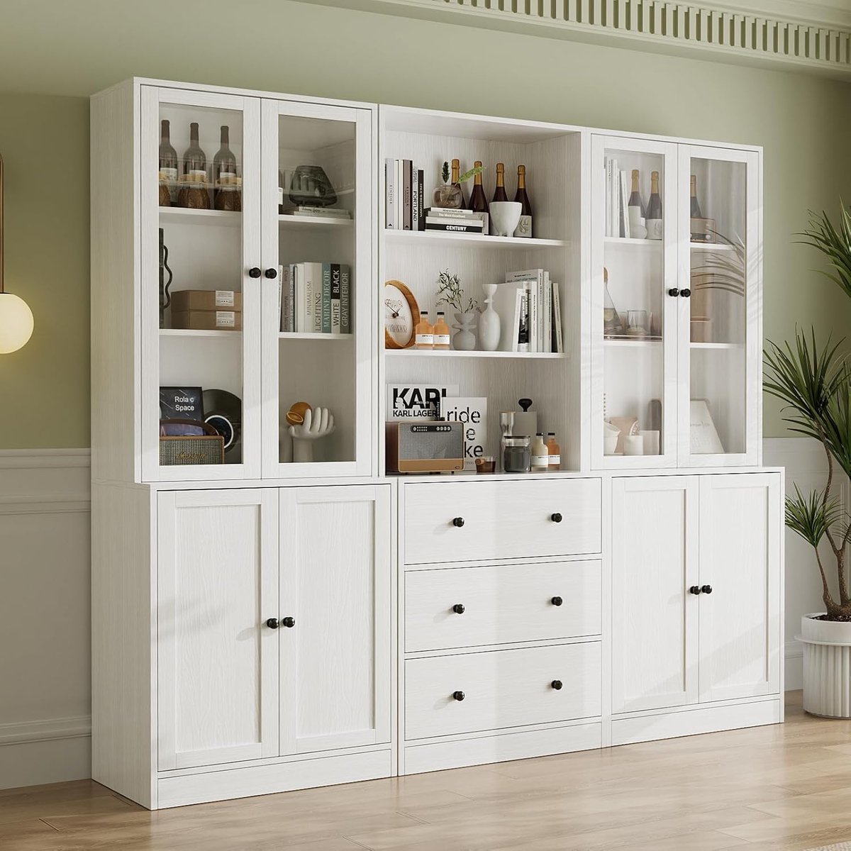 Moderne 5-laags Boekenkast met Glazen Deuren, Buffetkast en Opbergvitrine 180 cm Hoog – Wit, Multifunctionele Opbergkast met Lades en Open Vakken 39,9D x 180W x 180H cm