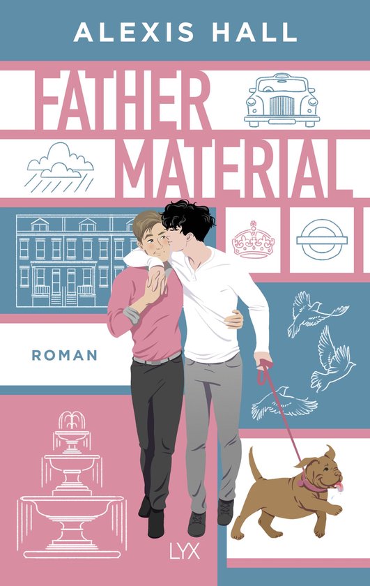 Twee mannen, waarvan één met blonde haren en een roze shirt en de ander met donker haar en een witte trui, lopen met een hondje aan de lijn. De achtergrond is roze en blauw met illustraties van gebouwen, een auto en een kroon.