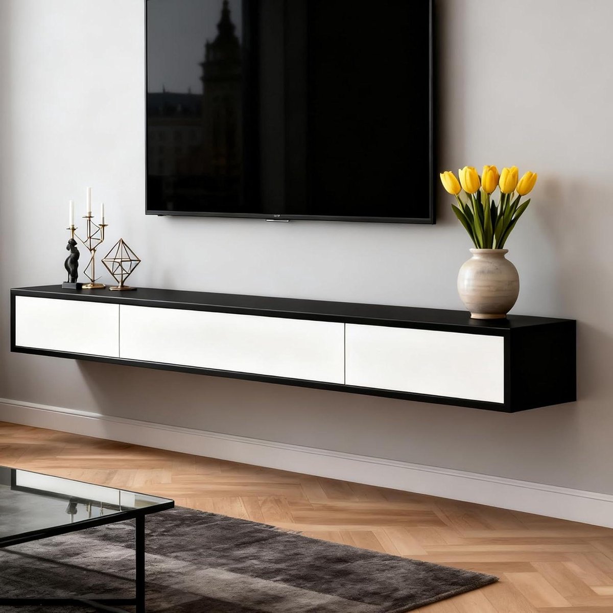 Tv meubel - Dressoir laag - Opbergen apparatuur - Langwerpig design - 160cm - Zwart