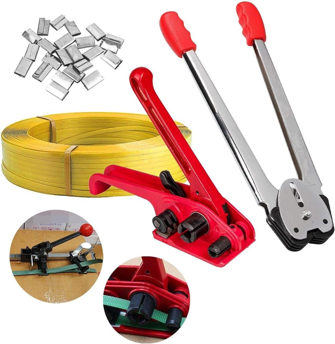 Omsnoeringsgereedschap Set - Verpakkingsmachine Bandapparaat - Pakketten Zekeren - Handmatig 4-in-1 - 100 m Band - Grijs