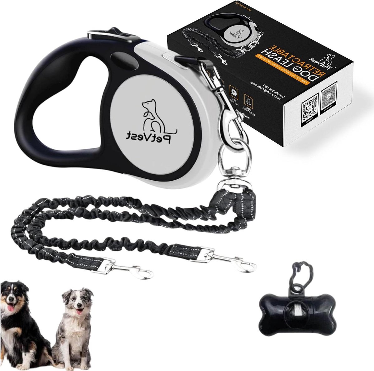 Dubbele Hondenriem - Rolriem Twee Honden - Twee Honden Uitladen - Klitvrije 360 Graden Clip - 10 FT - Zwart