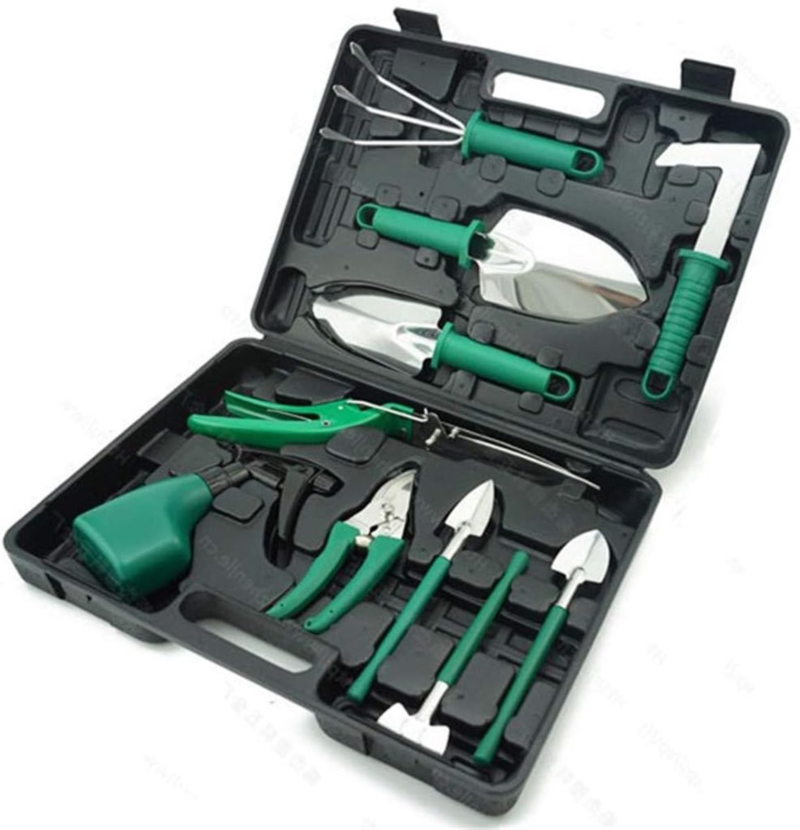 10-delige tuingereedschapset - met opbergtas - Inclusief handschepje - verplantschepje - cultivator, snoeischaar en spuitfles - Roestvrij staal