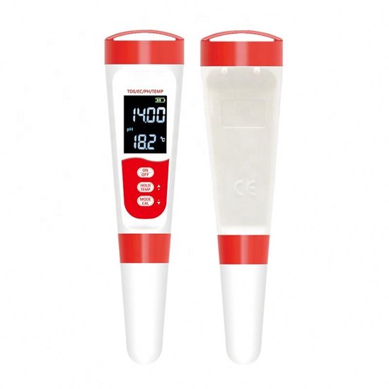 Water tester, wit met rode dop en ring, met digitaal display. De achterkant toont een CE-markering.
