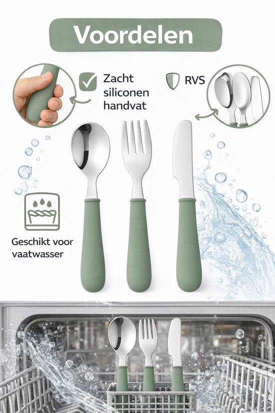 Kinder bestekset 3-delig - Lepel, vork en mes - Sage Groen - Siliconen handvat & RVS - Baby en peuter bestek - Zelfstandig leren eten - 1-4 jaar van Kinder — afbeelding 5