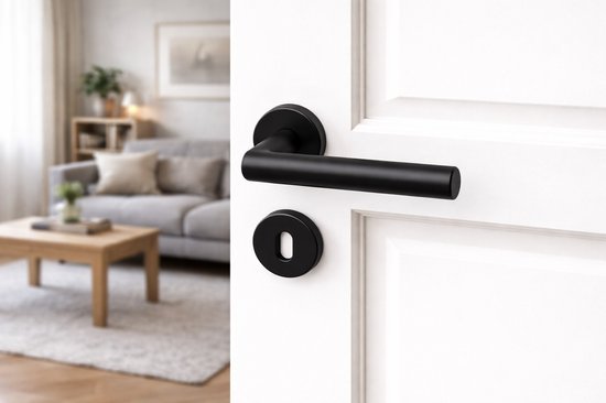 Slotman Solutions Deurklink Set Zwart Rond Rozet BB55 | Deurbeslag met Sleutelgat | RVS Deurkrukken voor Binnendeuren | Complete Set Inclusief Bevestigingsmateriaal