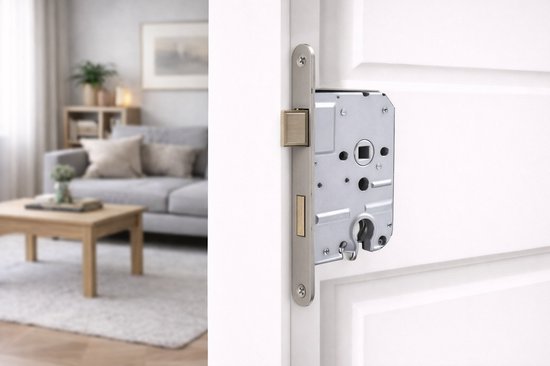 Zilverkleurig insteekslot met rvs voorplaat, gemonteerd in een witte deur in een woonkamer.