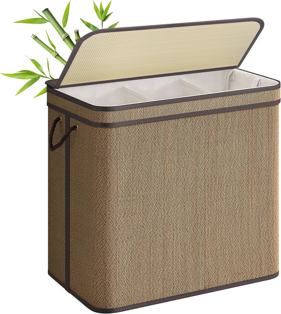 SONGMICS 3-delige wasmand met deksel, (170 L) Grote wasmand met 3 verwijderbare machinewasbare stoffen zakken, bamboe wasmand, handgrepen, voor badkamer, bruin LCB069K01