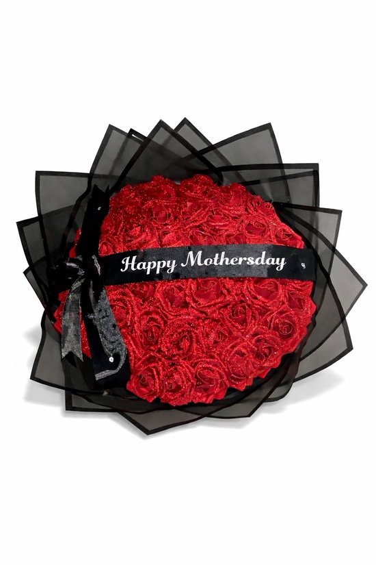 Glitter kunstrozen boeket - 50 rode rozen met lint Happy Mother’s Day – Cadeau voor haar