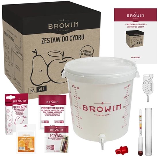 Browin cider maakset: kartonnen doos, 25L emmer met kraan, waterslot, gist, enzymen, kaliummetabisulfiet, hydrometer en instructies.