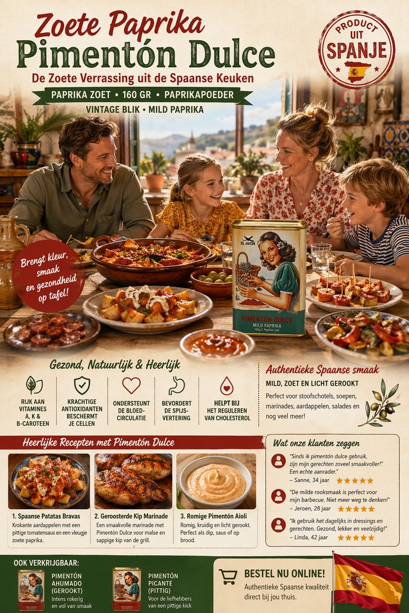 Zoete Paprika _ Pimentón Dulce: De Zoete Verrassing uit de Spaanse Keuken _ paprika zoet 160 GR paprikapoeder VINTAGE BLIK. MILD PAPRIKA.