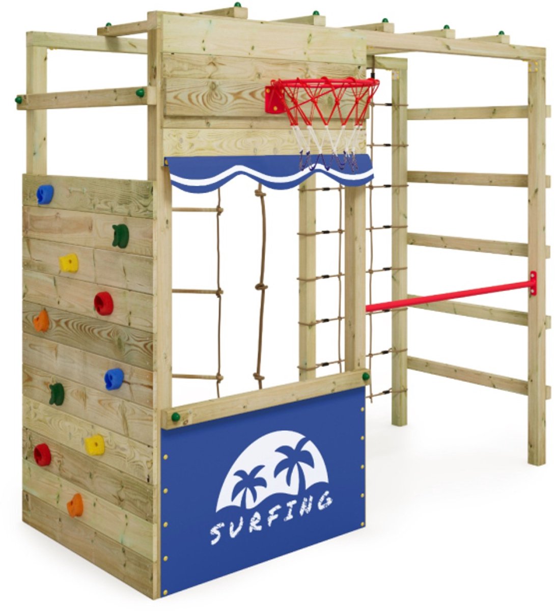 Wickey Smart Action Speeltoestel - Hangladder met Klimnet en Klimwand - Basketbalring & Winkel - 250x105x220 cm - Blauw