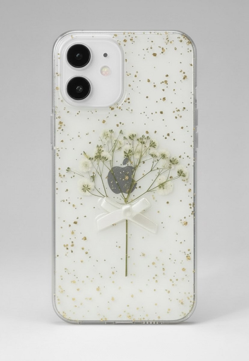 Feestelijk iphone telefoonhoesje met droogbloemen bruidskruid en strik geschikt voor Iphone 15