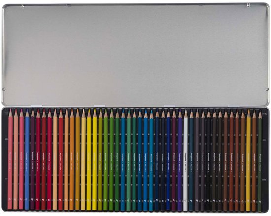Een open blik met 45 gekleurde potloden in een regenboog van kleuren, van roze tot geel en groen.