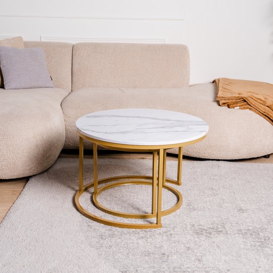 Set de tables basses de Luxe TUUSO® – Aspect marbre Wit avec structure dorée – Tables rondes Ø70 + Ø50 – 2 pièces coulissantes – Design industriel et moderne – Table d'appoint pour salon