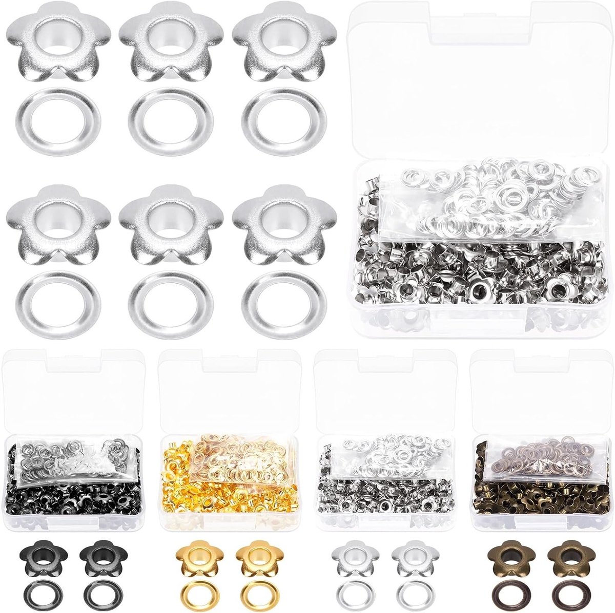 200 Stuks 5mm Bloem Eyelets Grommet Set, Zilveren Metalen Eyelets voor Schoenen, Riemen en Leerprojecten