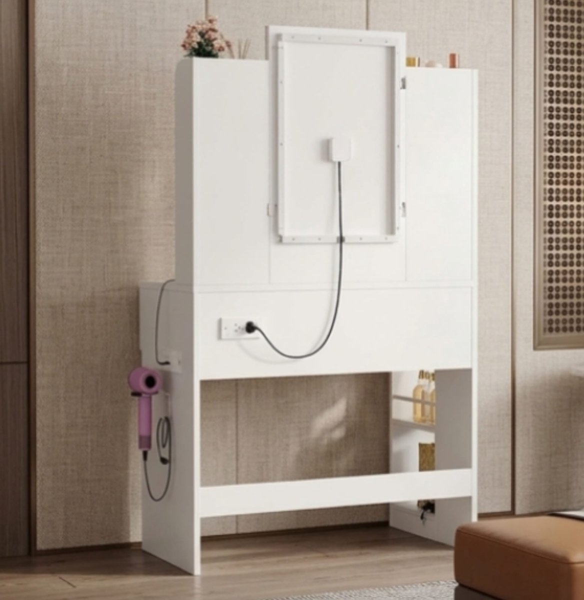 IRONCK Dressing Table with LED Mirror & Lighting, 90×40×145 cm Vanity Table with Charging Station, 2 Drawers & Storage Cabinet, Adjustable Brightness, Modern Makeup Table – White