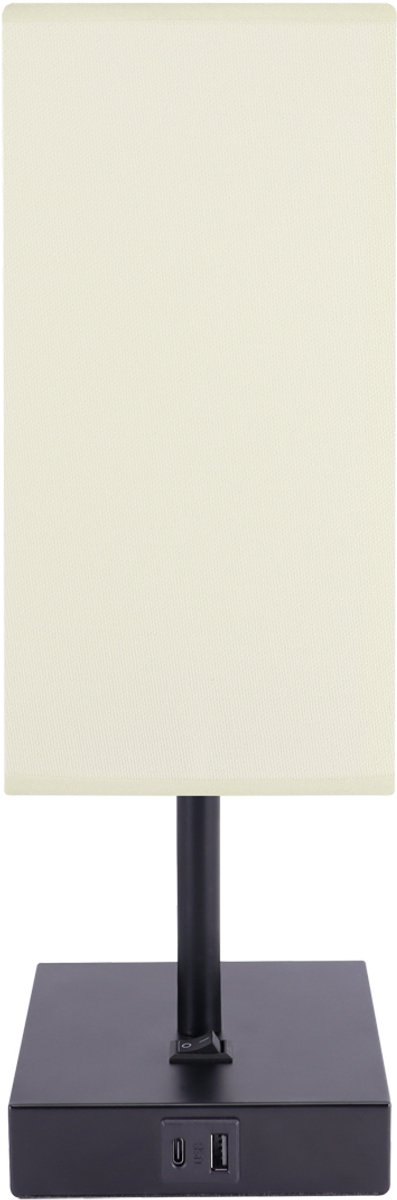 SANTI - Tafellamp - Nachtlamp - Textiel - Wit/zwart - E14 Fitting - 1 x USB A - 1 x USB C - Rechthoek