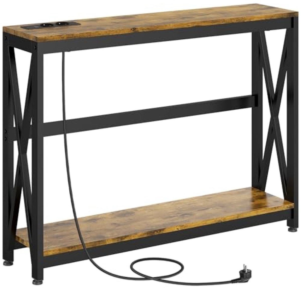 Industriële bijzettafel met stopcontacten en USB-poorten, smalle console tafel met dubbele plank, bruin en zwart