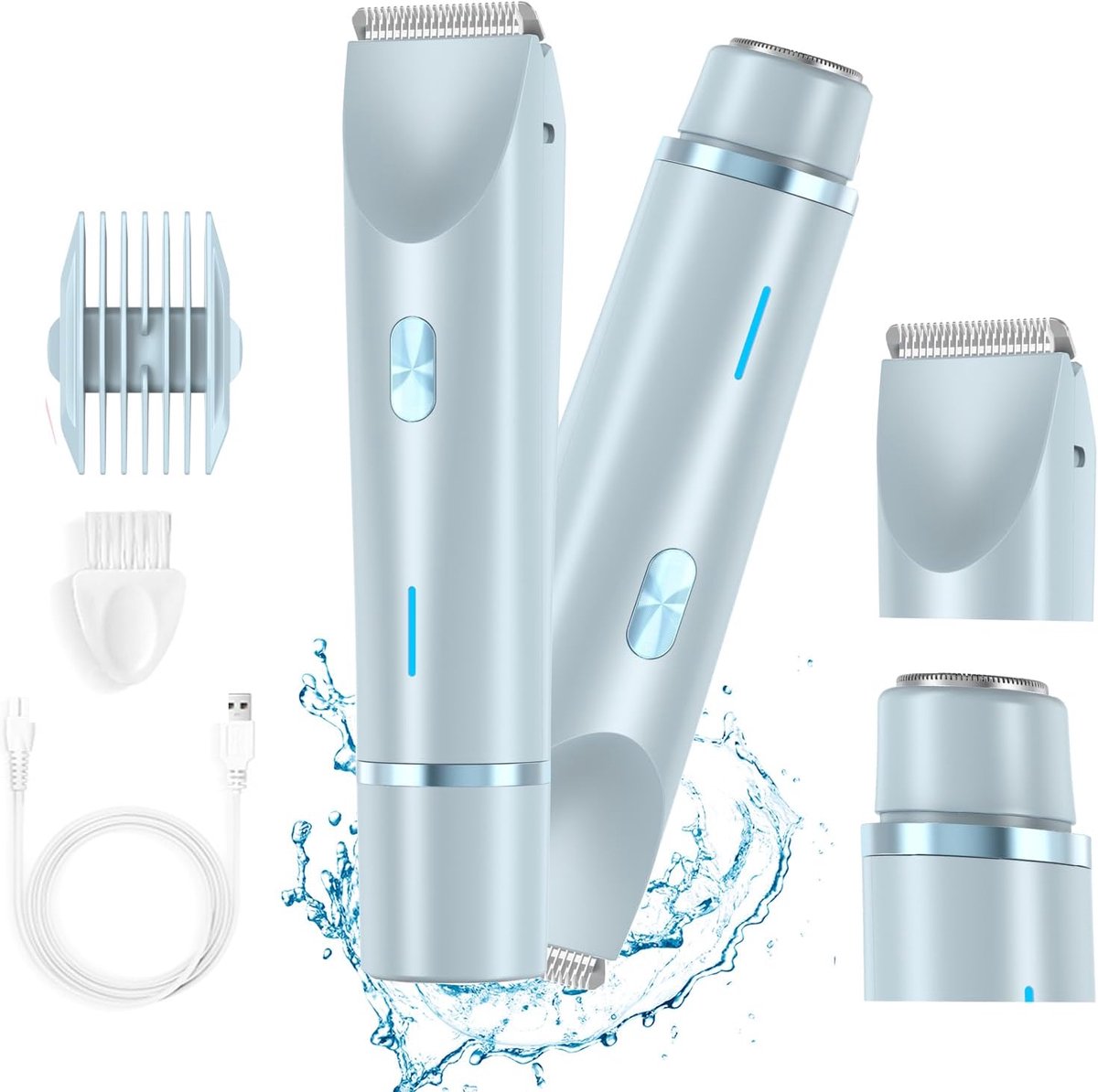 1 stuk - Scheermes voor dames - Elektrisch scheermes - 2-in-1 scheermes - IPX7 waterbestendigheid - Ontwerp met dubbele kop - Geschikt voor bikinilijn, benen, oksels en gezicht - Blauw