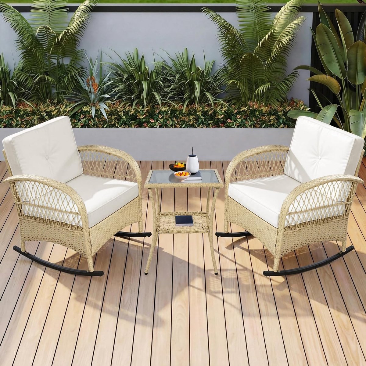 Tuinmeubelset 2 Personen met Schommelstoelen - Schommelstoelen Tafel – Beige Rotan - Medahomestore