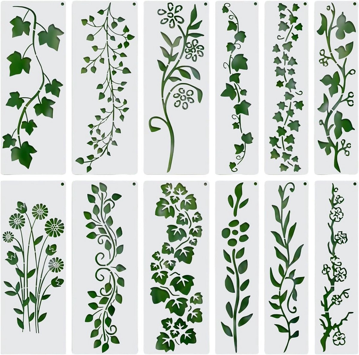 Herbruikbare sjablonen voor 12 stuks bladeren en lentebloemen, ideaal voor DIY knutselprojecten, schilderen op hout, muren en meubels