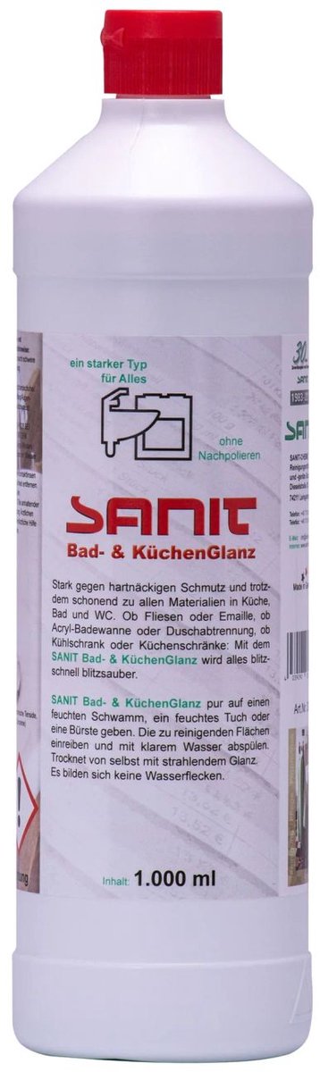 SANIT Bad- & Küchenglanz 1 Liter Allesreiniger voor Badkamer en Keuken, Krachtige Kalk- en Vetreiniger met Stralende Glans en Frisse Geur