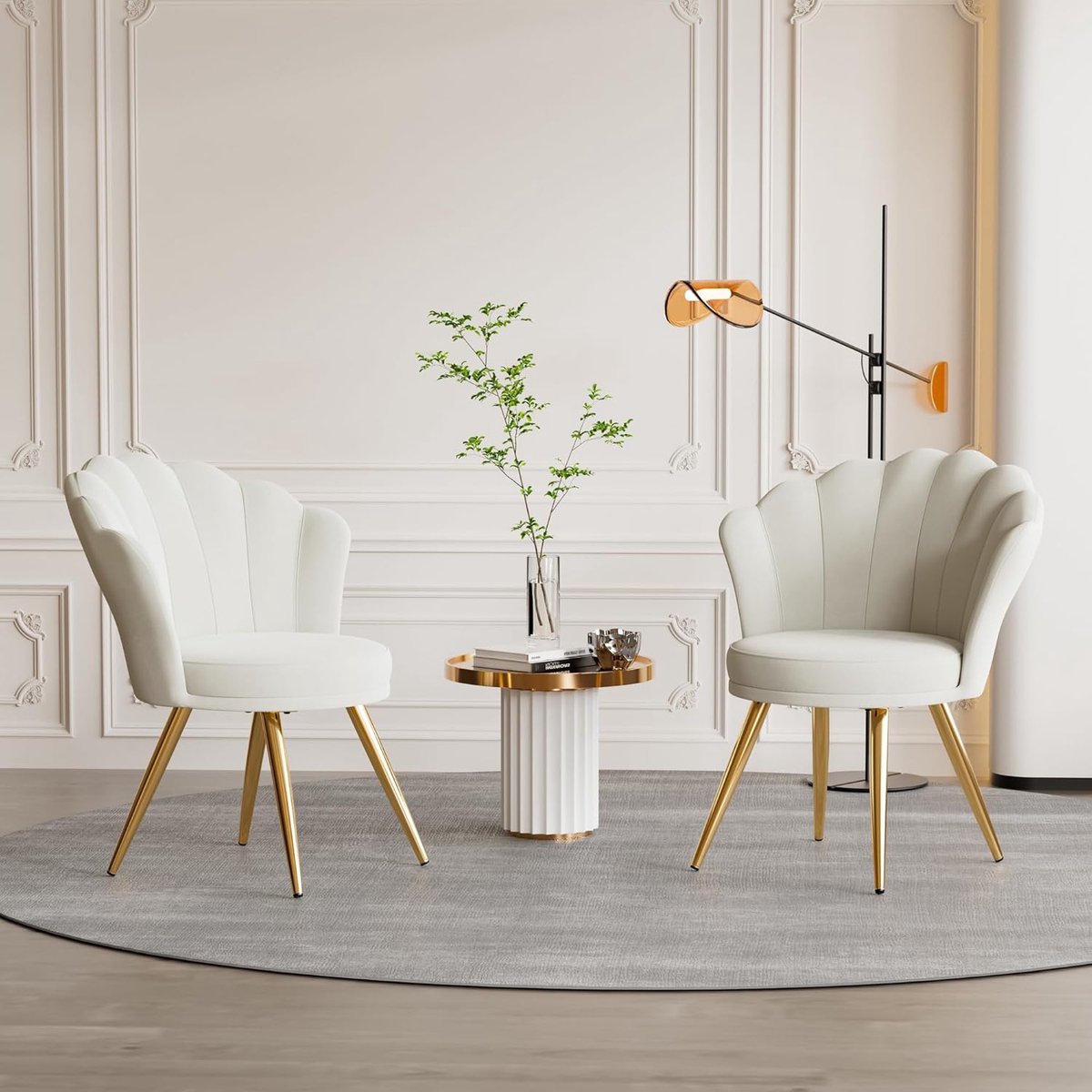 Eetkamerstoel Fluweel 76 cm – Luxe Schelpstoel met Gouden Metalen Poten en Ergonomische Rugleuning – Gestoffeerde Make-upstoel / Accentstoel Wit – Urbanhome